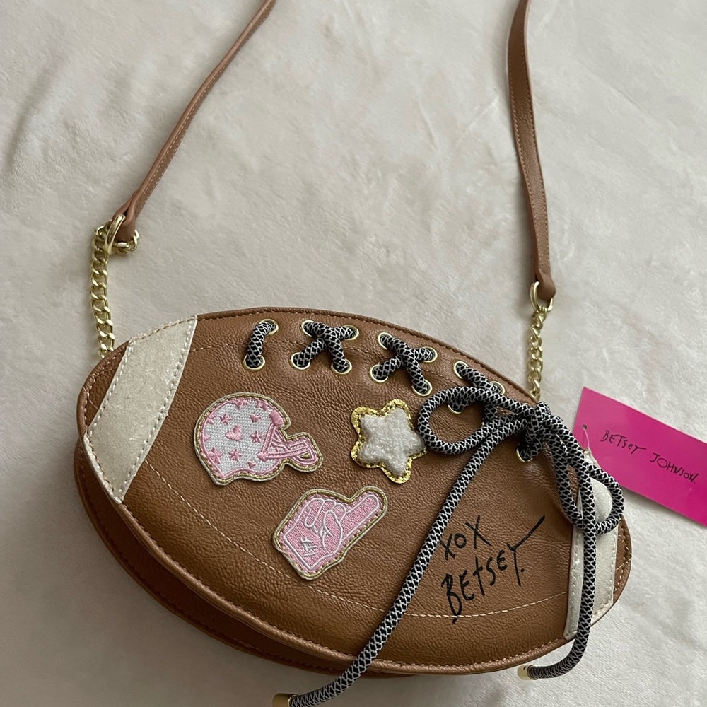 Betsey Johnson Brown Sports Football Crossbody Bag with Patch & Sequin Details